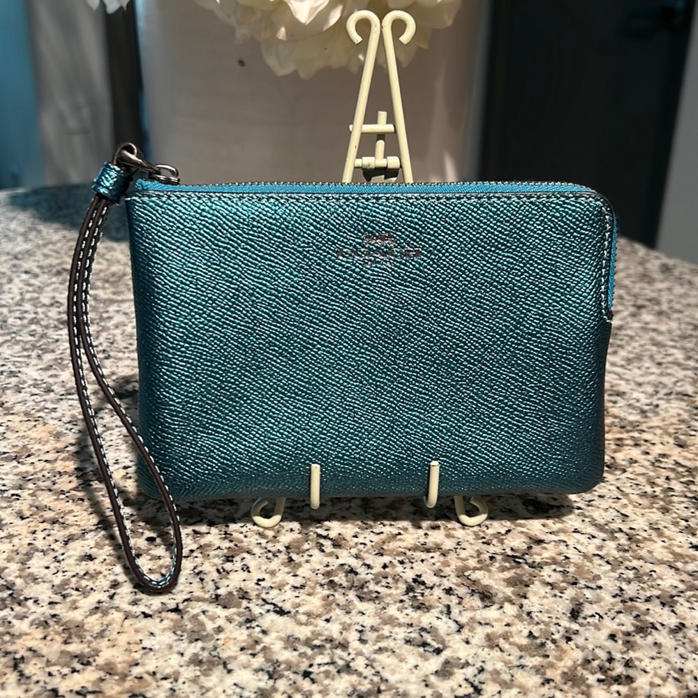 Coach Aqua Metallic Leather Wristlet